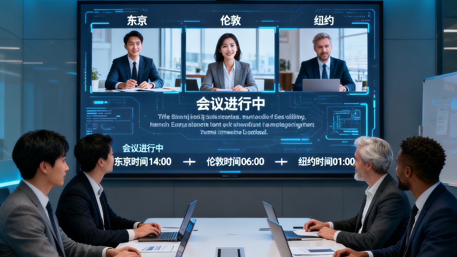 跨国企业全球视频会议场景：会议室大屏连接着东京、伦敦、纽约三地团队，实时字幕翻译功能正在工作。